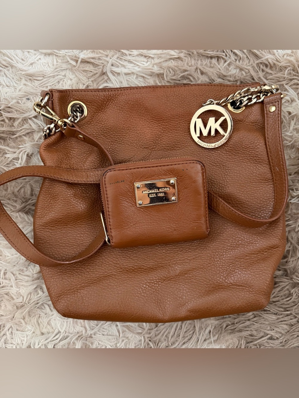 Michael Kors Cognac Leather Chain-Accent Tote with Coin Pouch